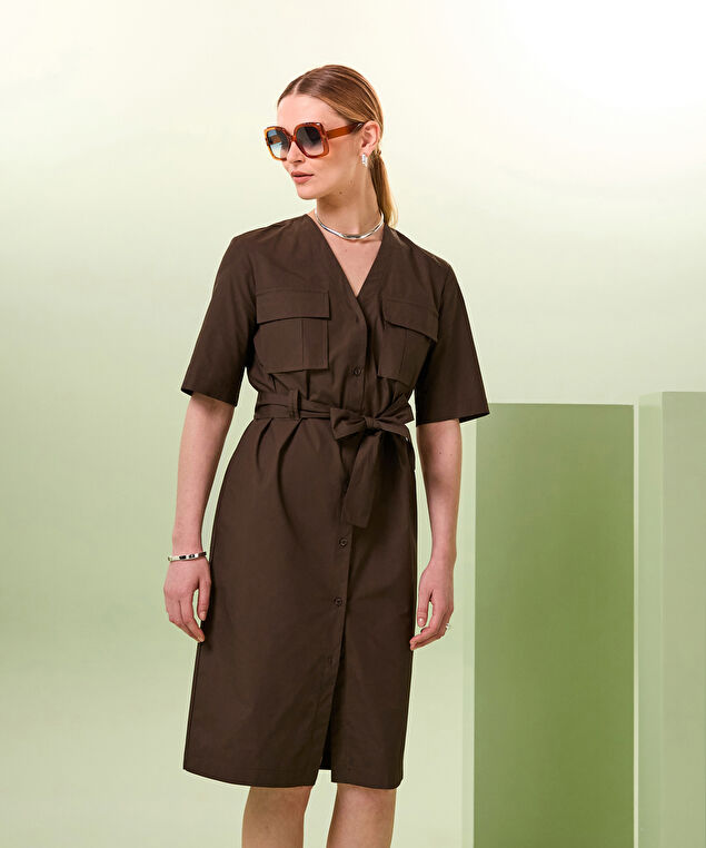 Rodier Robe Droite Saharienne Marron Foncé