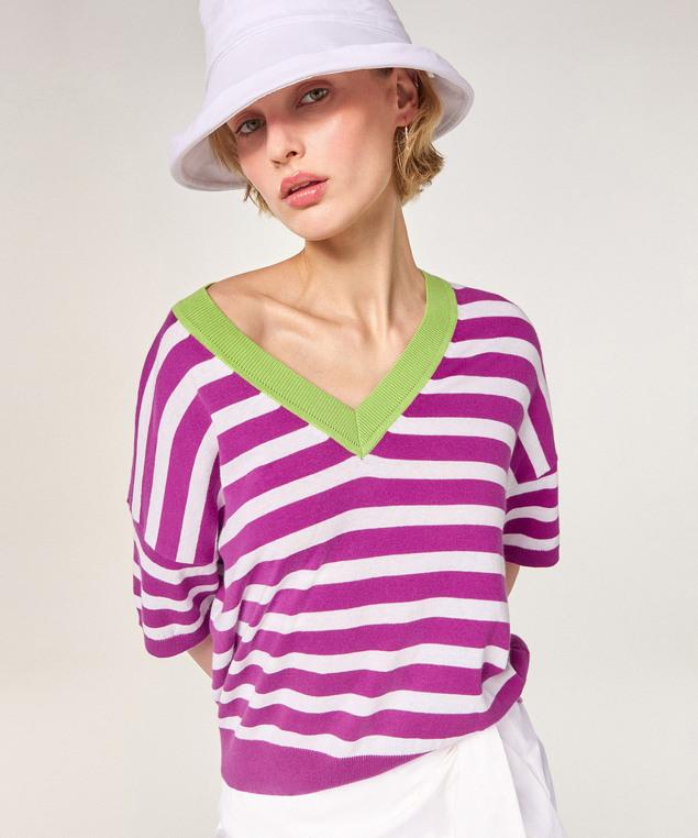 Rodier T-shirt Col V En Coton Et Soie Fuchsia