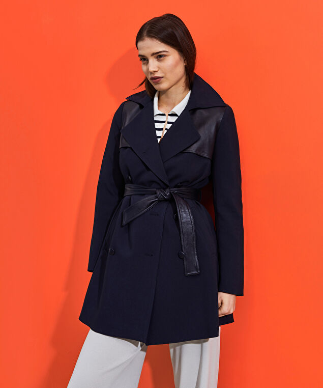 Rodier Trench-coat Bi-matière Cuir Bleu Marine