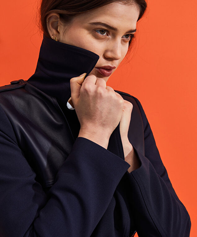 Rodier Trench-coat Bi-matière Cuir Bleu Marine