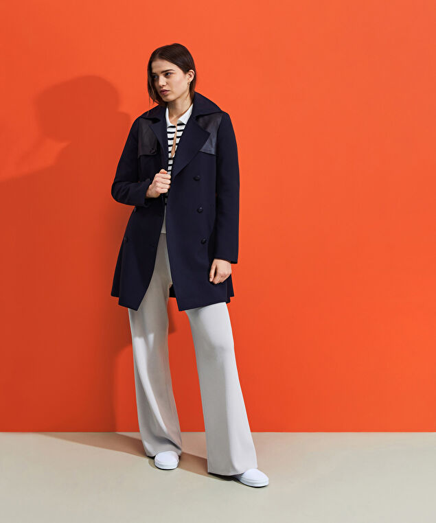 Rodier Trench-coat Bi-matière Cuir Bleu Marine