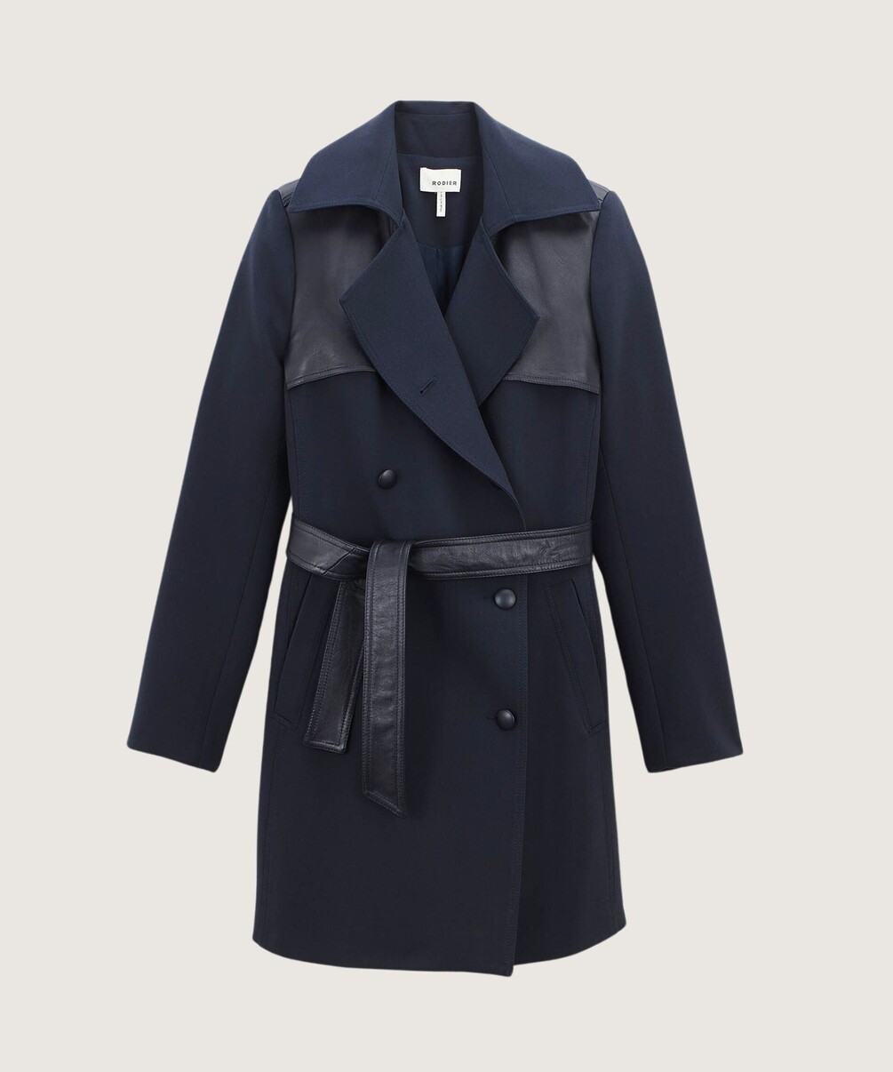 rodier Trench-coat bi-matière cuir bleu marine