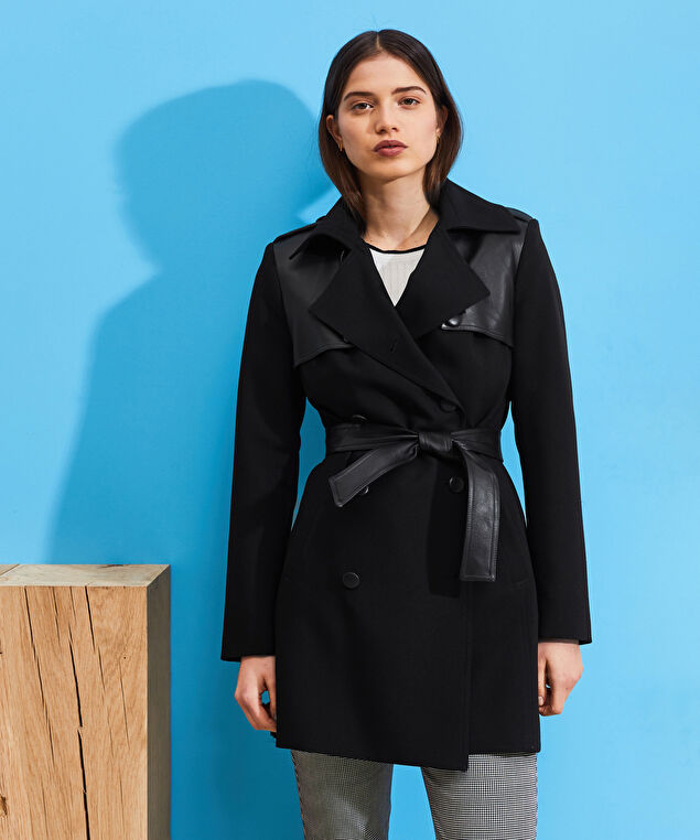 Rodier Trench-coat Bi-matière Cuir Noir