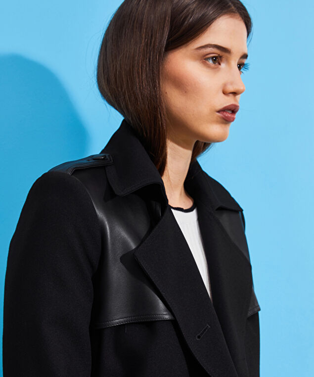 Rodier Trench-coat Bi-matière Cuir Noir