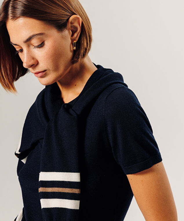 Rodier Twin-set Rayé En Laine Mérinos Bleu Nuit