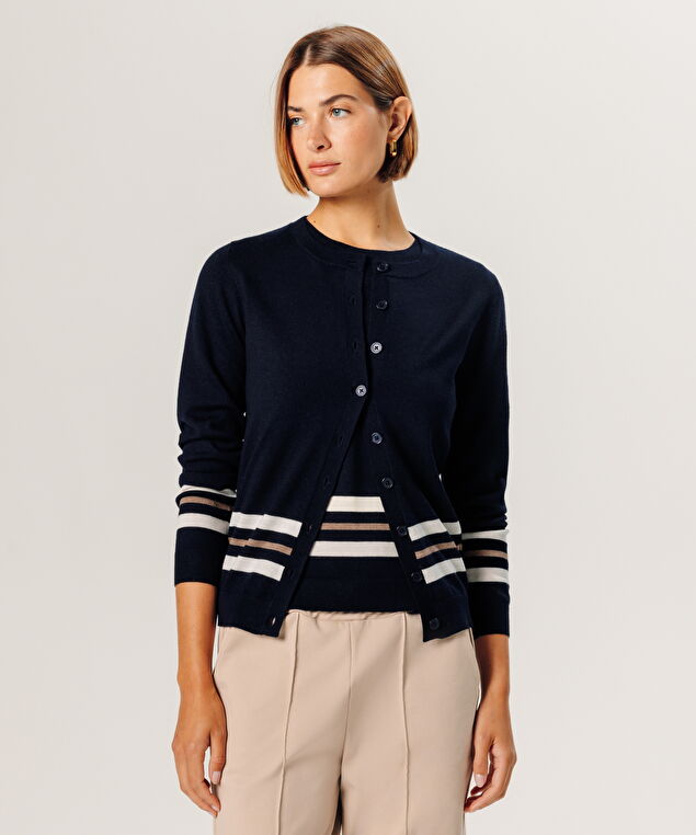 Rodier Twin-set Rayé En Laine Mérinos Bleu Nuit