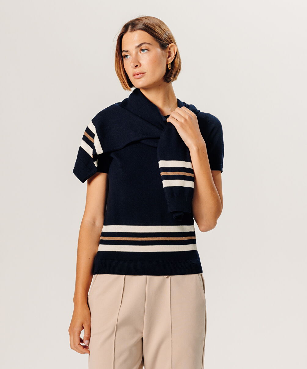 rodier Twin-set rayé en laine mérinos bleu nuit