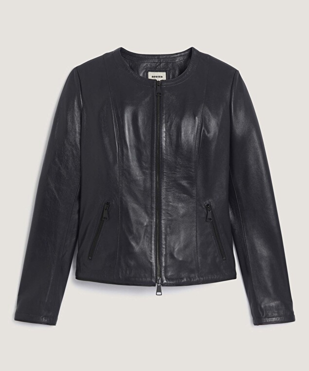 Rodier Veste Courte Zippée En Cuir Bleu Nuit