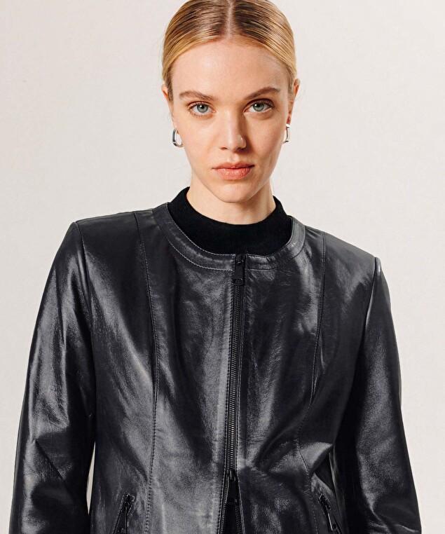 Rodier Veste Courte Zippée En Cuir Bleu Nuit