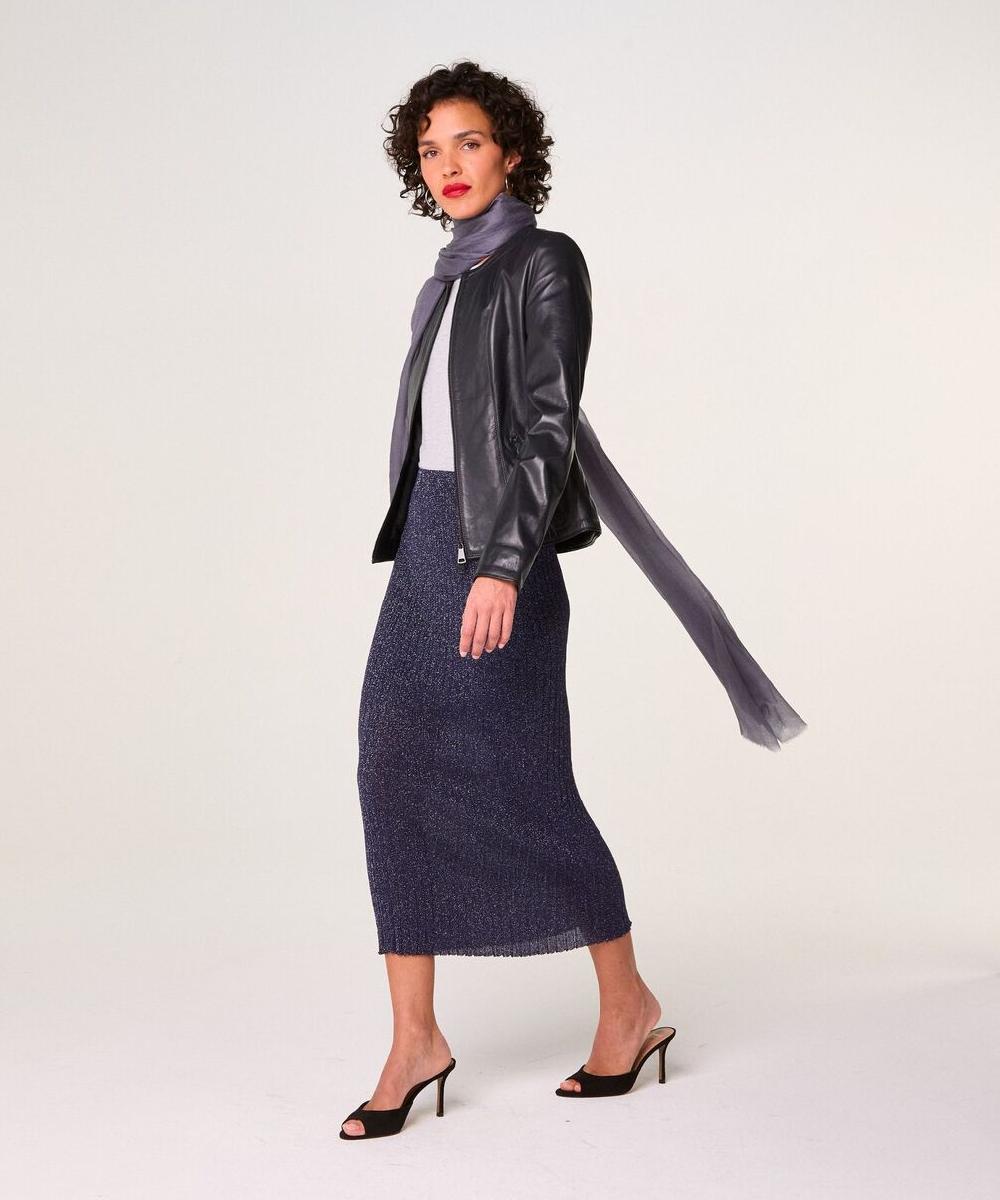 rodier Veste courte zippée en cuir bleu nuit