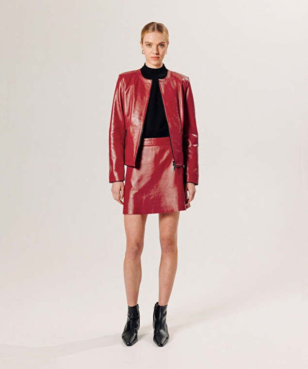 Rodier Veste Courte Zippée En Cuir Rouge Rubis