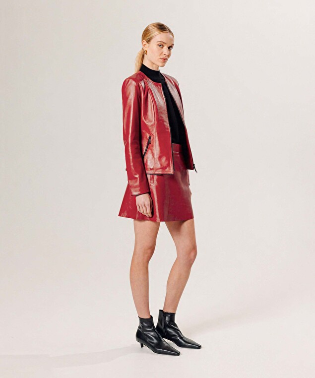 Rodier Veste Courte Zippée En Cuir Rouge Rubis