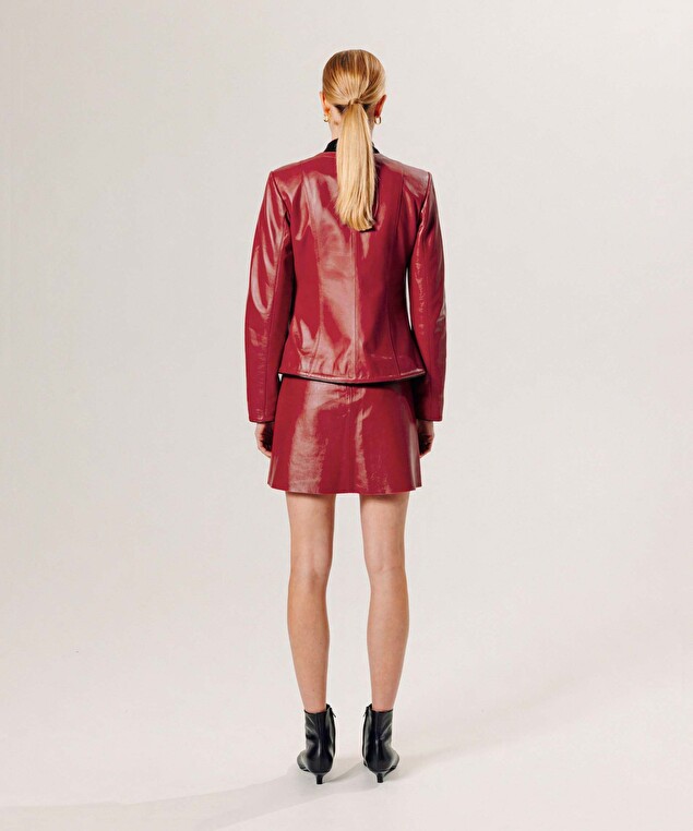 Rodier Veste Courte Zippée En Cuir Rouge Rubis