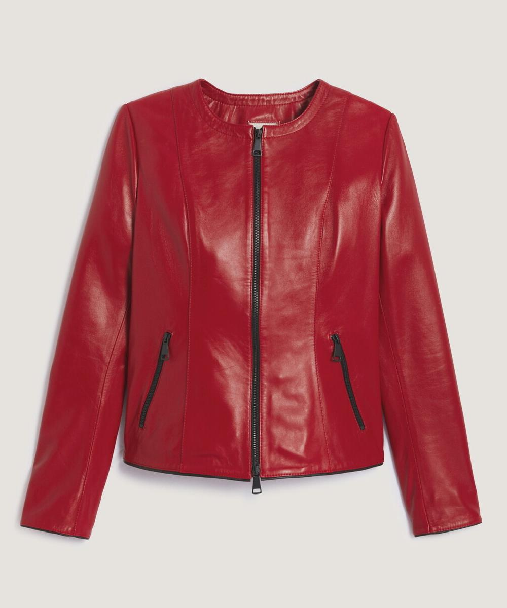 rodier Veste courte zippée en cuir rouge rubis