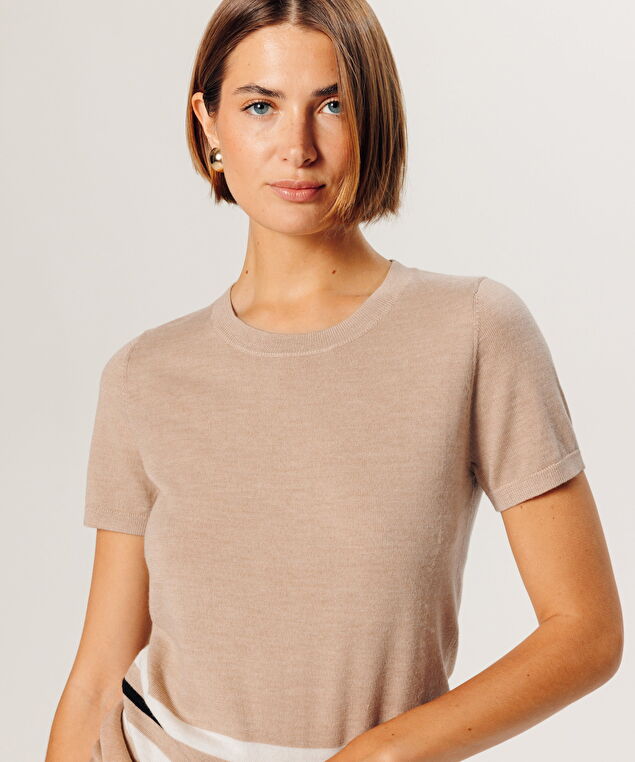 Rodier Twin-set Rayé En Laine Mérinos Beige Ficelle