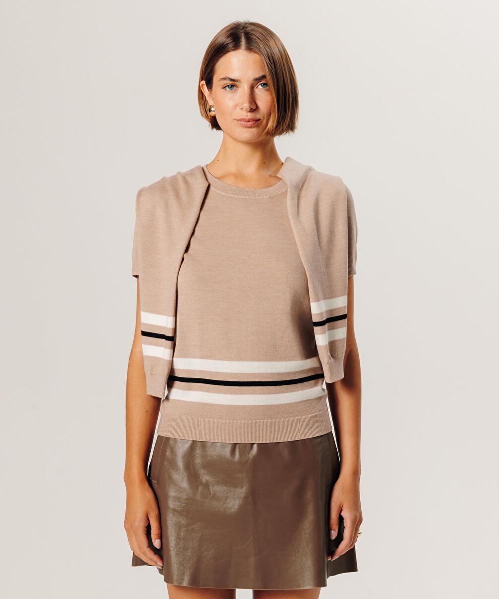 rodier Twin-set rayé en laine mérinos beige ficelle