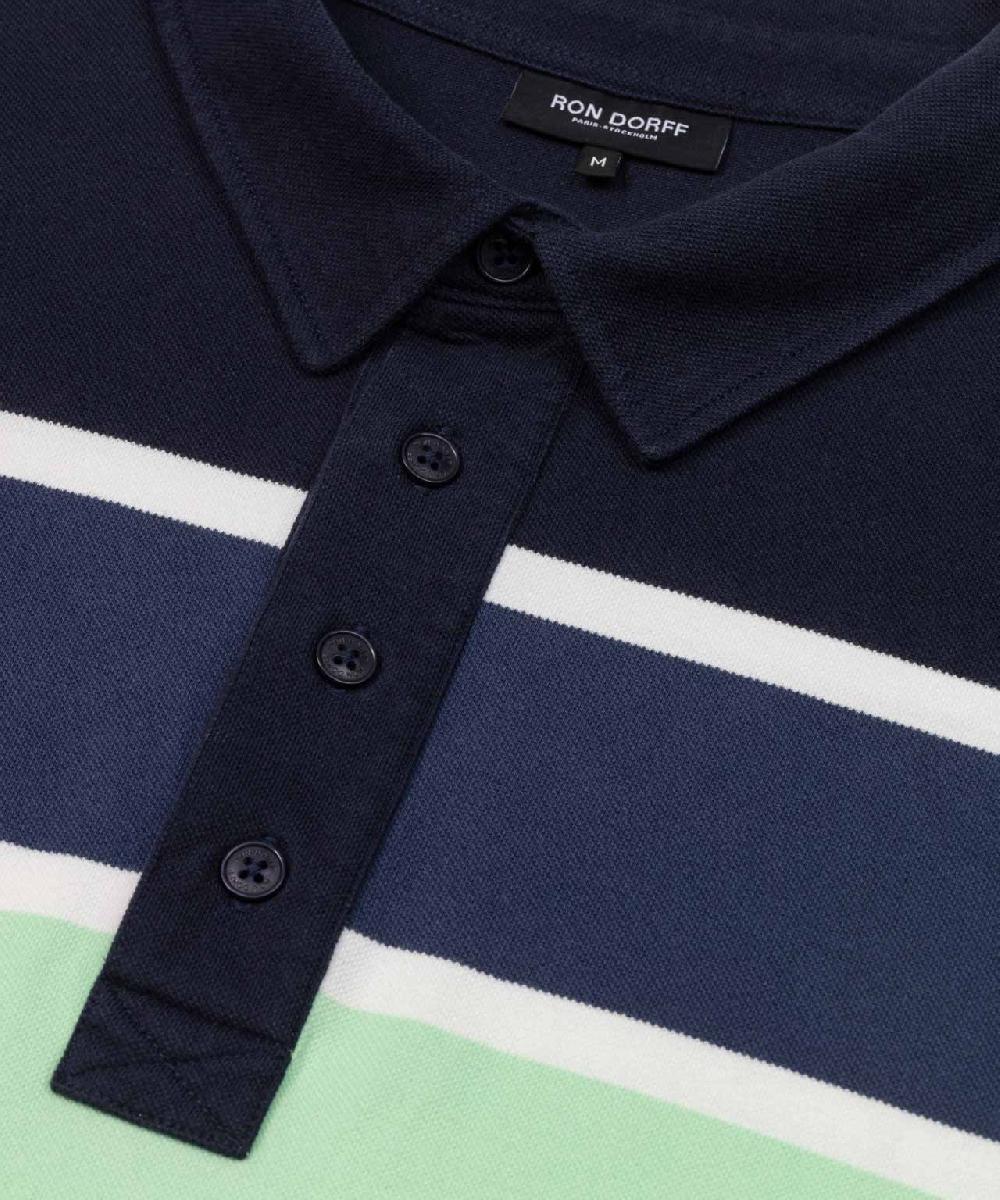 Ron Dorff Polo En Coton Piqué à Larges Rayures Bleu Marine