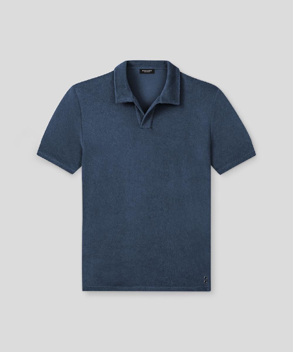 Ron Dorff Polo En Coton Terry à Col V Bleu Océan