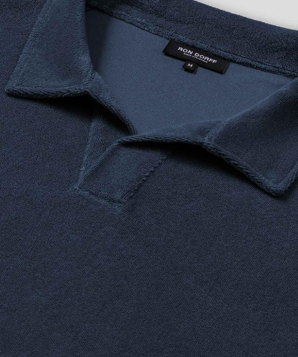 Ron Dorff Polo En Coton Terry à Col V Bleu Océan