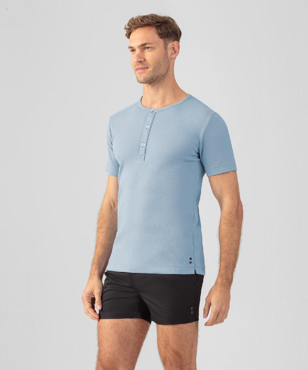Ron Dorff T-shirt Henley Côtelé Bleu Clair Denim