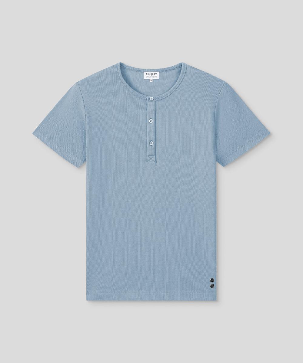 Ron Dorff T-shirt Henley Côtelé Bleu Clair Denim