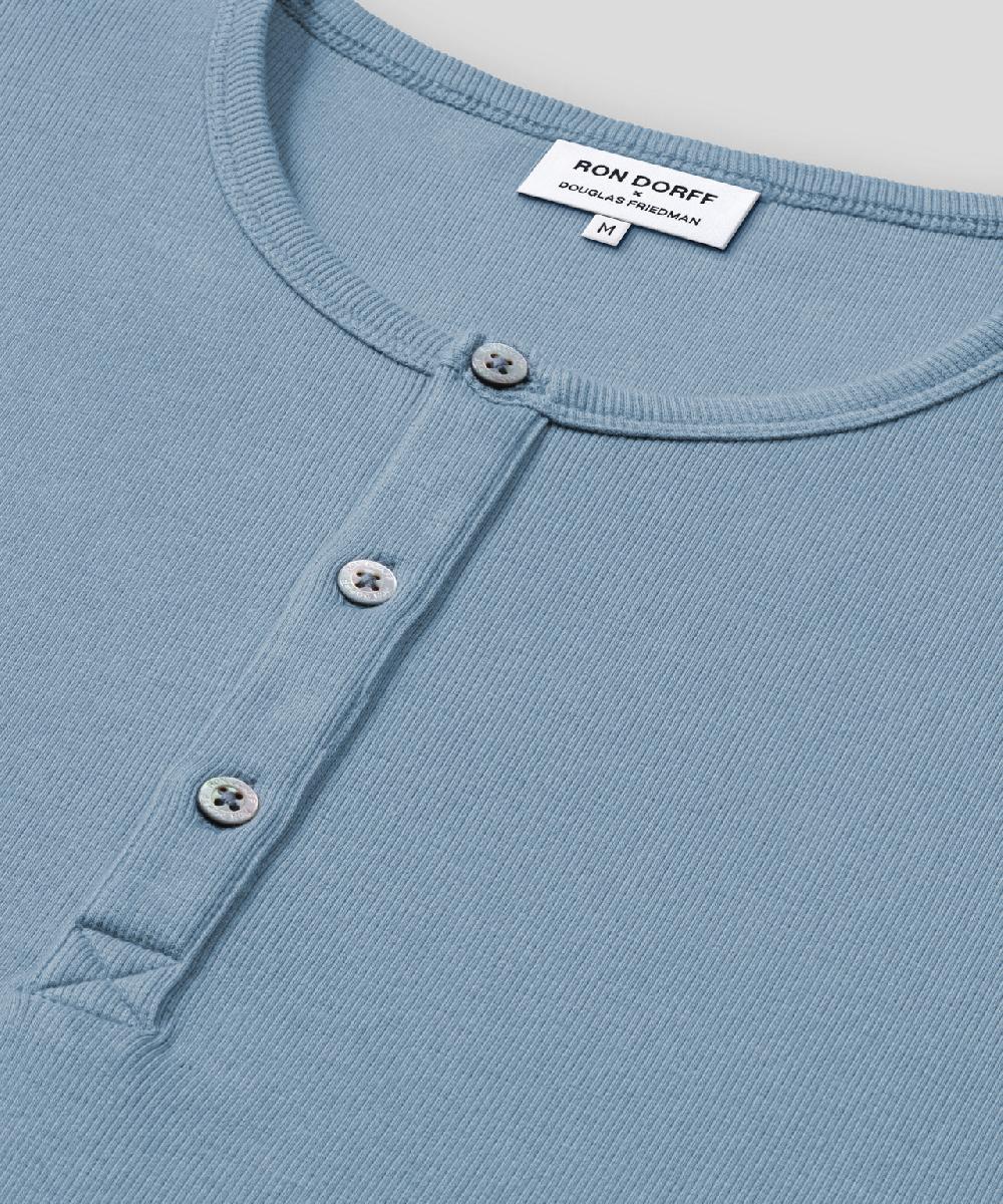 Ron Dorff T-shirt Henley Côtelé Bleu Clair Denim