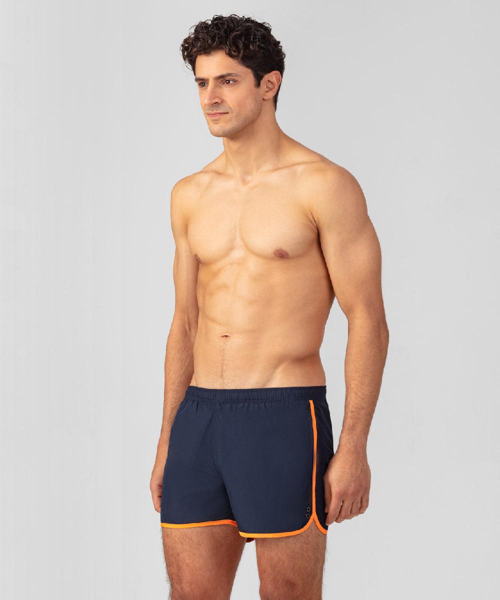Ron Dorff Short De Bain Avec Bords Arrondis Et Bandes Contrastées Bleu Marine/orange Fluo