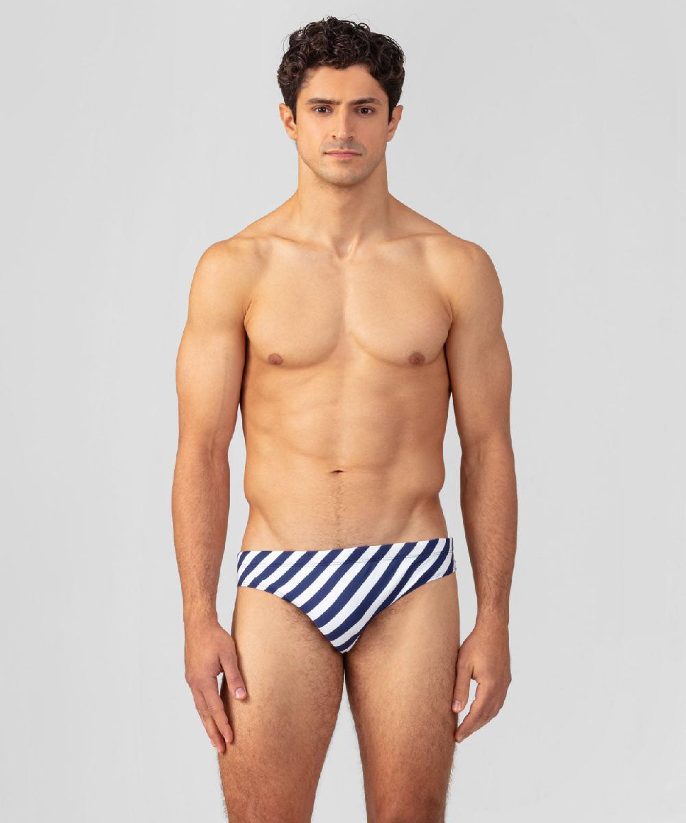 ron dorff Slip de bain échancré à rayures diagonales Bleu marine/Blanc