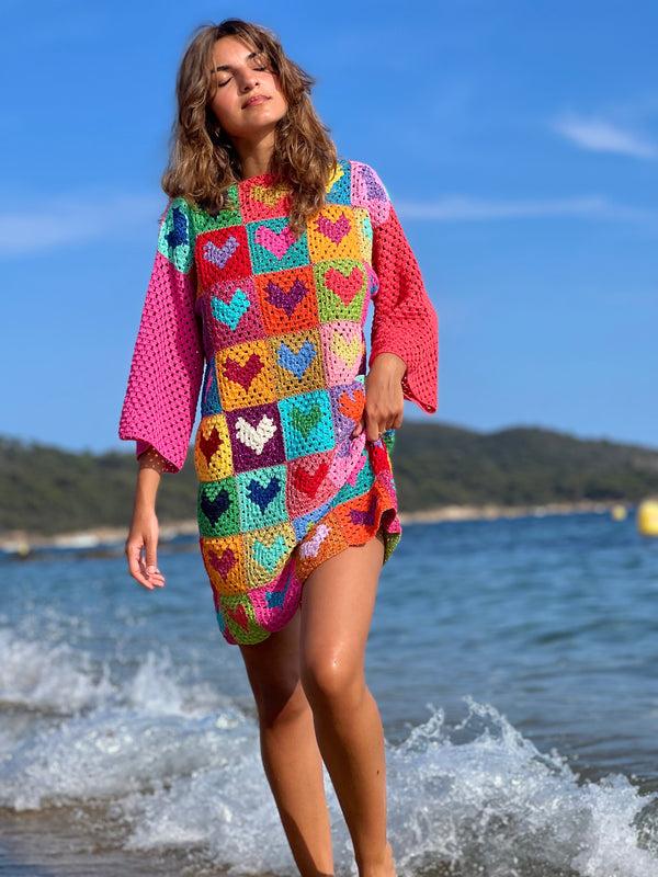 rose carmine DRESS SLEEVES 3/4 MON COEUR MULTICOLORE