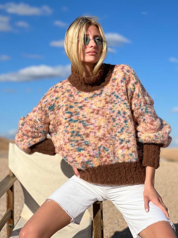 rose carmine PULL COL H OVERSIZE DOUDOU BICOLORE CHOCO