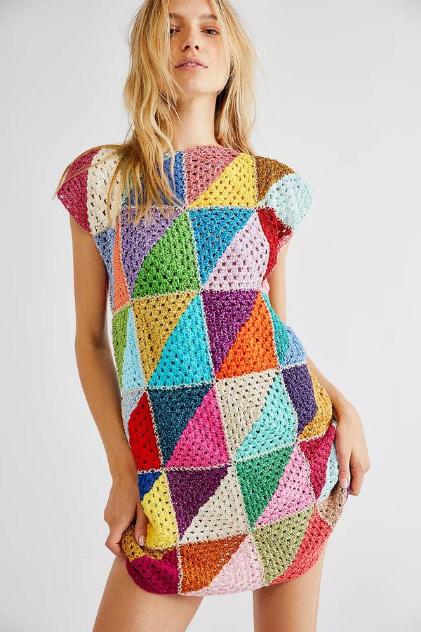 Rose Carmine ROBE COURTE DIAGONALES MULTICOLORE SANS MANCHES