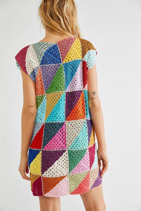 Rose Carmine ROBE COURTE DIAGONALES MULTICOLORE SANS MANCHES