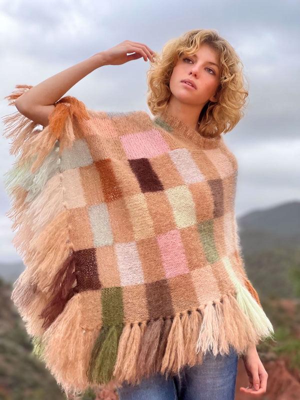 rose carmine PONCHO PIXELS BEIGE