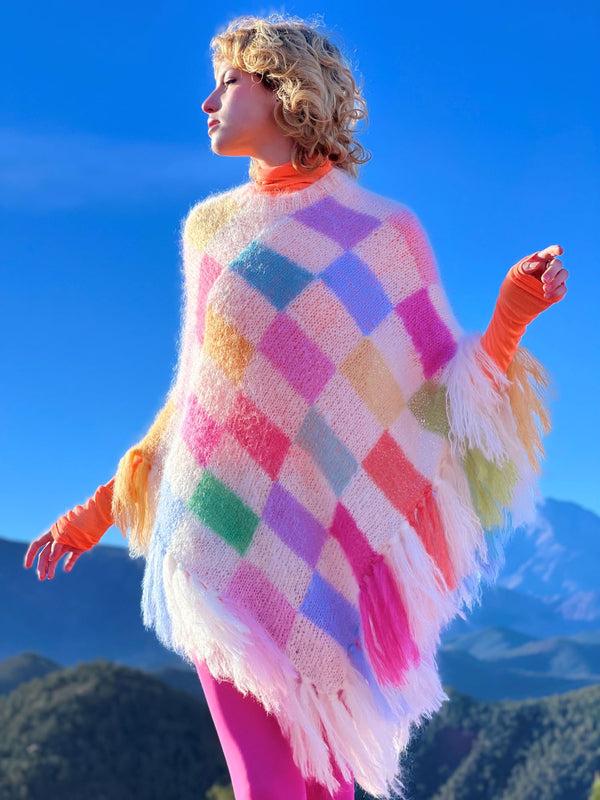 Rose Carmine PONCHO PIXELS ECRU