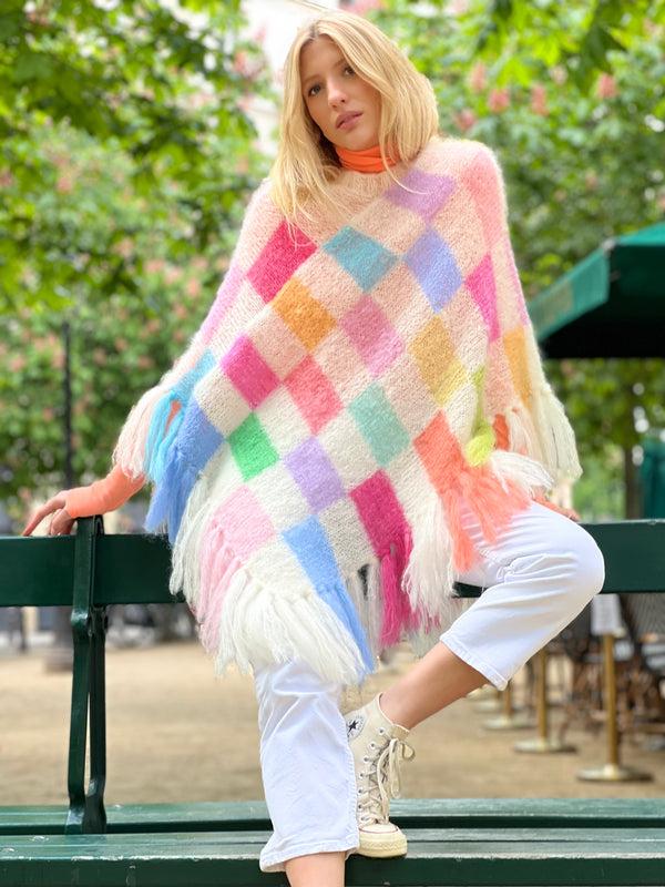 rose carmine PONCHO PIXELS ECRU