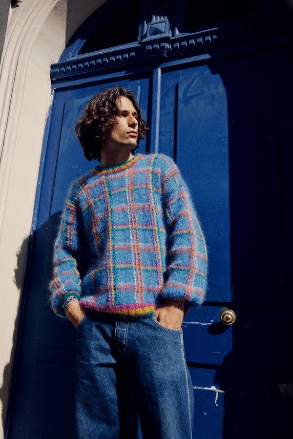 Rose Carmine PULL TARTAN BLEU