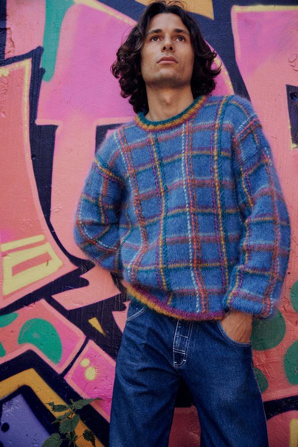 rose carmine PULL TARTAN BLEU