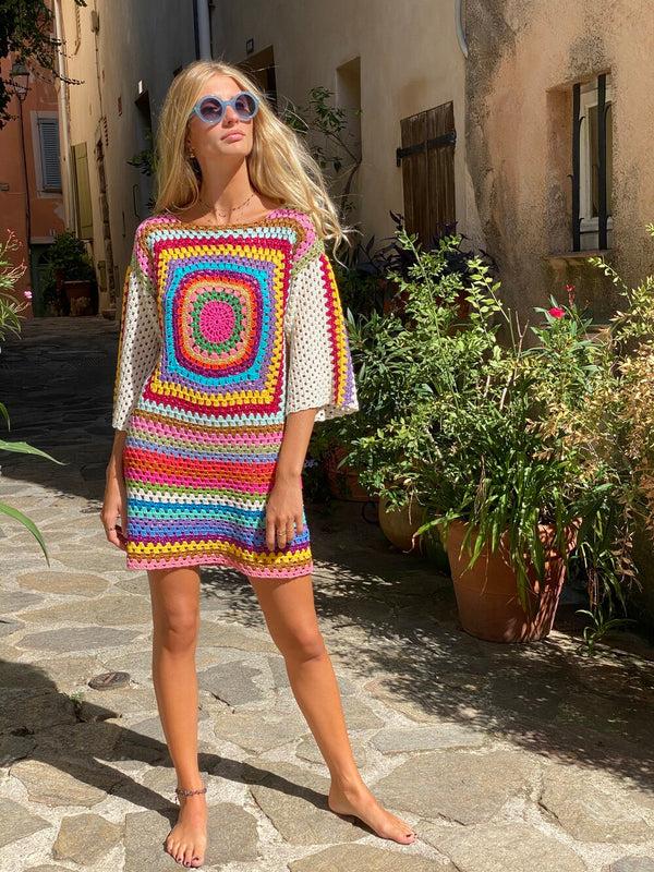 rose carmine ROBE MANCHES 3/4 PATCHWORK ÉCRU