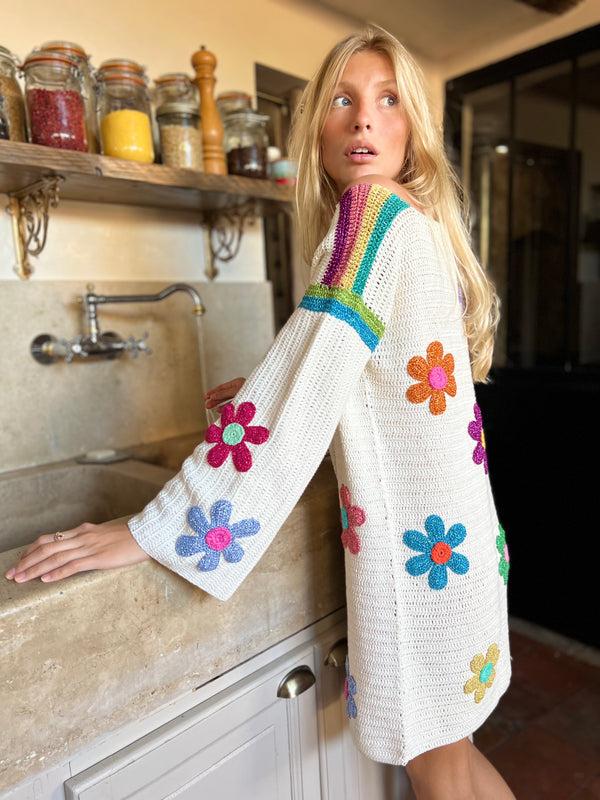 Rose Carmine ROBE MANCHES FREE FLOWERS ECRU