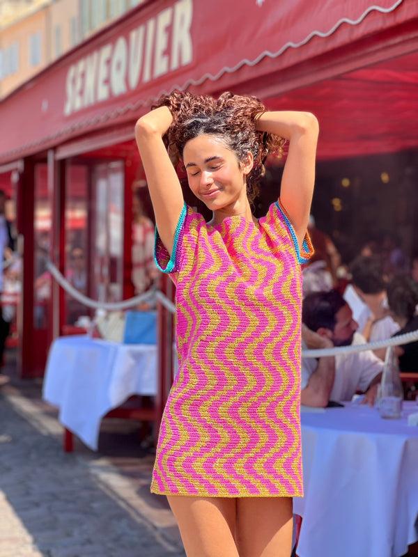 Rose Carmine ROBE SANS MANCHES ZIGZAG ROSE/CURRY