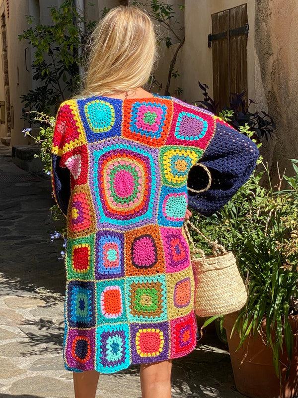 Rose Carmine VESTE LONGUE PATCHWORK MARINE