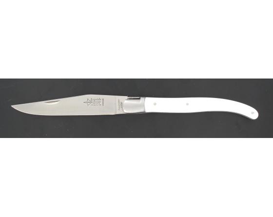 sabatier Laguiole 12 cm - Manche Blanc et Noir - Ressort guilloché - 1 mitre Arbalete - Thiers - 58146-2