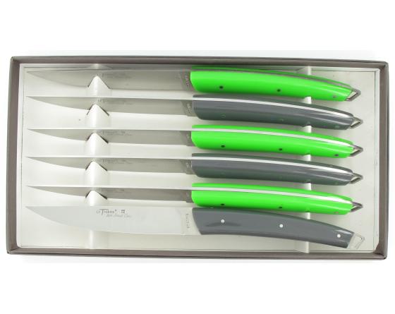 sabatier "Lame du Bougnat" - Le Thiers Table - coffret de 6 pièces - Manche Vert et Gris Locau -Thiers - 30210VG