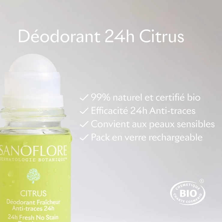 Sanoflore Déodorant Citrus Roll-On 24h Déodorant Citrus 24h Rechargeable Certifié Bio. 99% D'origine Naturelle