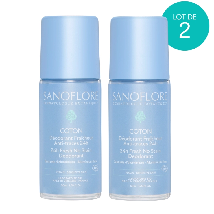 sanoflore Lot 2 Déodorants Coton Roll-On 24h Lot de 2 Déodorants Coton 24h rechargeables certifiés bio. 99% d'origine naturelle