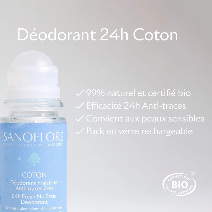 Sanoflore Recharge Déodorant Coton Roll-On 24h Recharge Déodorant Coton 24h Certifié Bio. 99% D'origine Naturelle