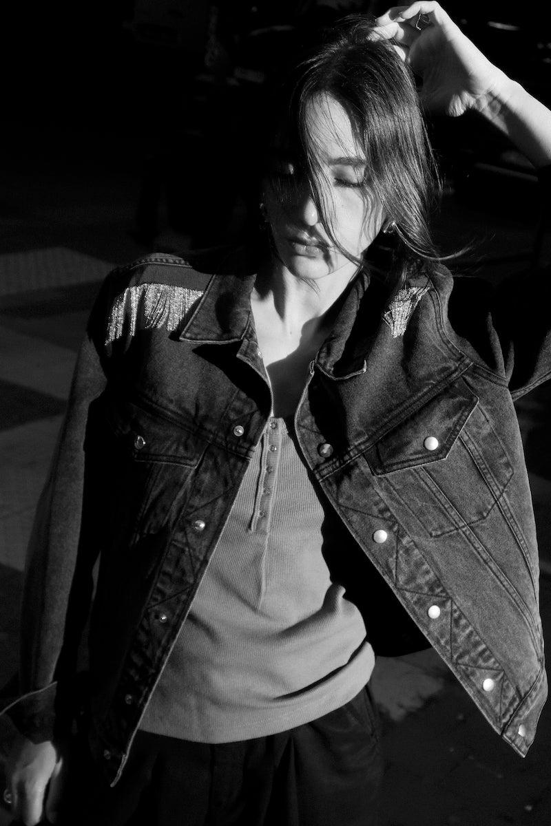 sarah de saint hubert ROMY CHAINS DENIM JACKET - Off black