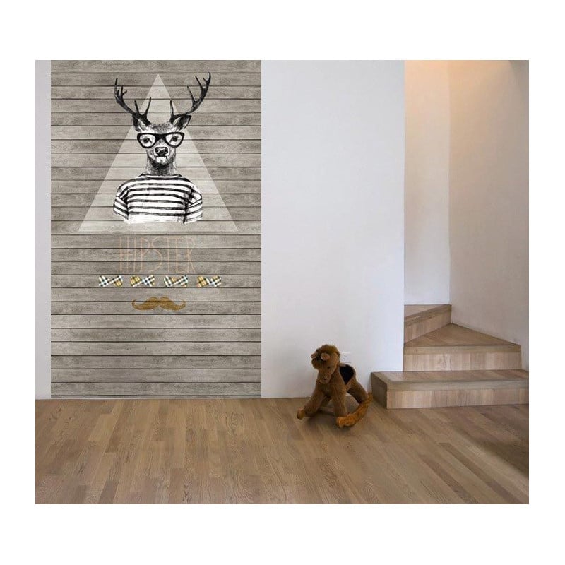 Scenolia Papier Peint Style Hipster Cerf Sur Fond Imitation Bois