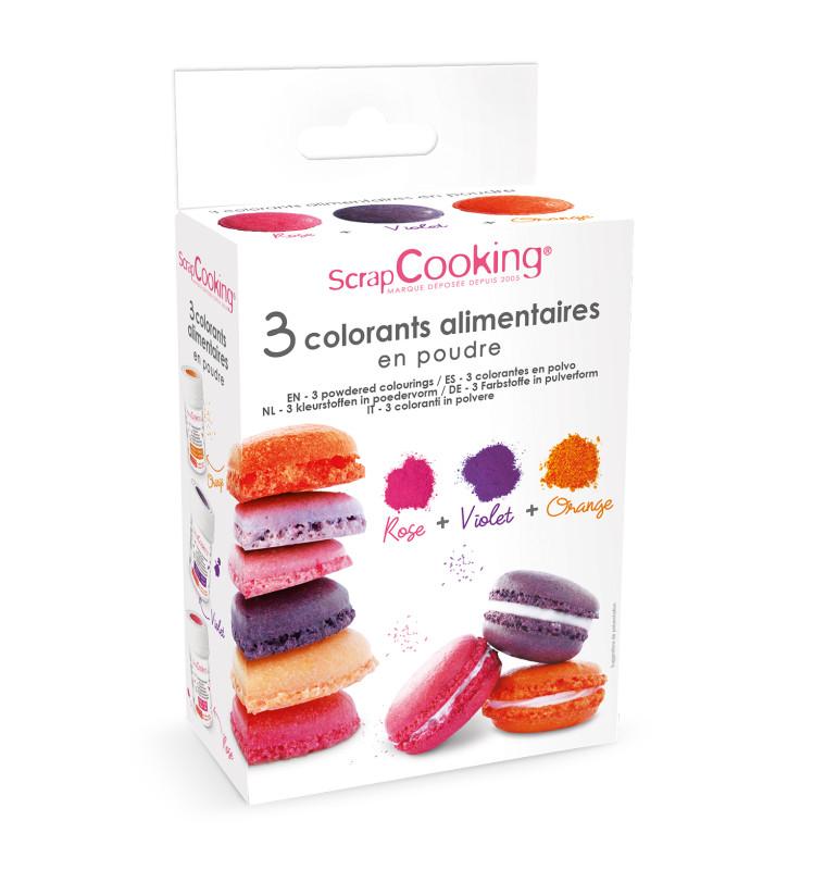 scrapcooking 3 colorants en poudre orange violet rose