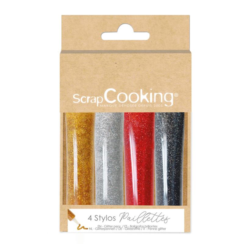 scrapcooking 4 stylos déco pailletés noir rouge argenté et doré
